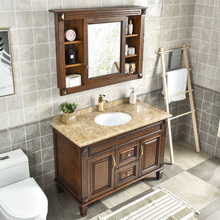 红橡木开放漆洗漱台美式浴室柜落地组合整体实木卫生间洗手洗脸盆
