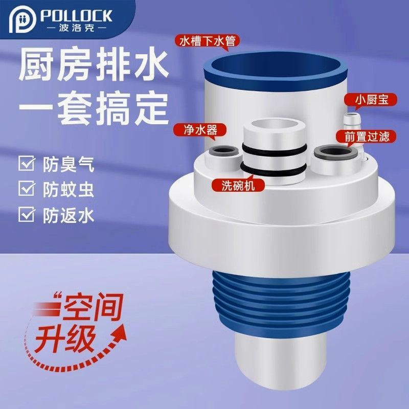 适配九牧科勒厨房下水道三通接头三合一洗衣机管道防臭集成器水槽