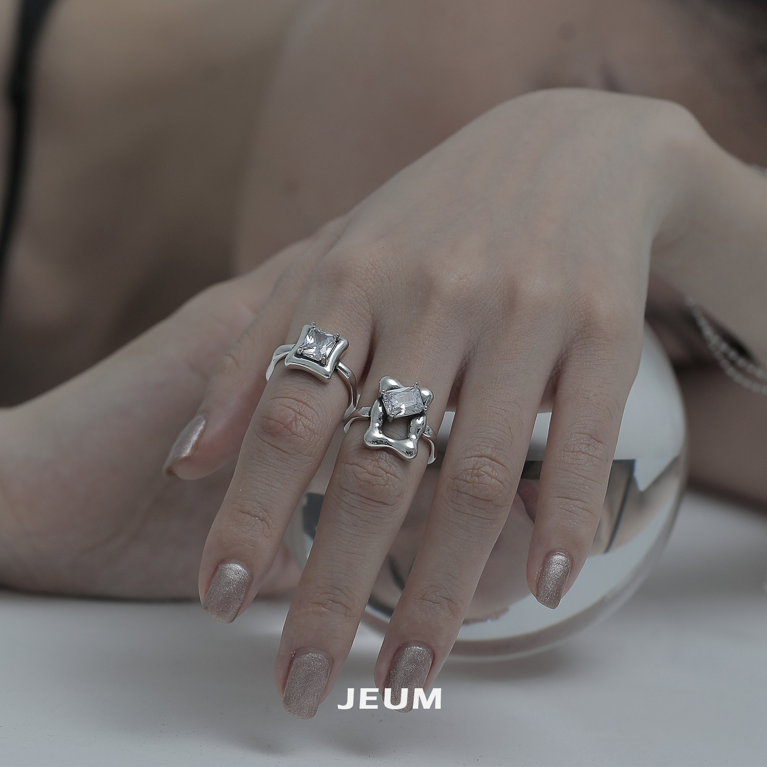 jeum925银闪钻方形开口戒指简约质感轻奢ins冷淡风高级感女指环潮