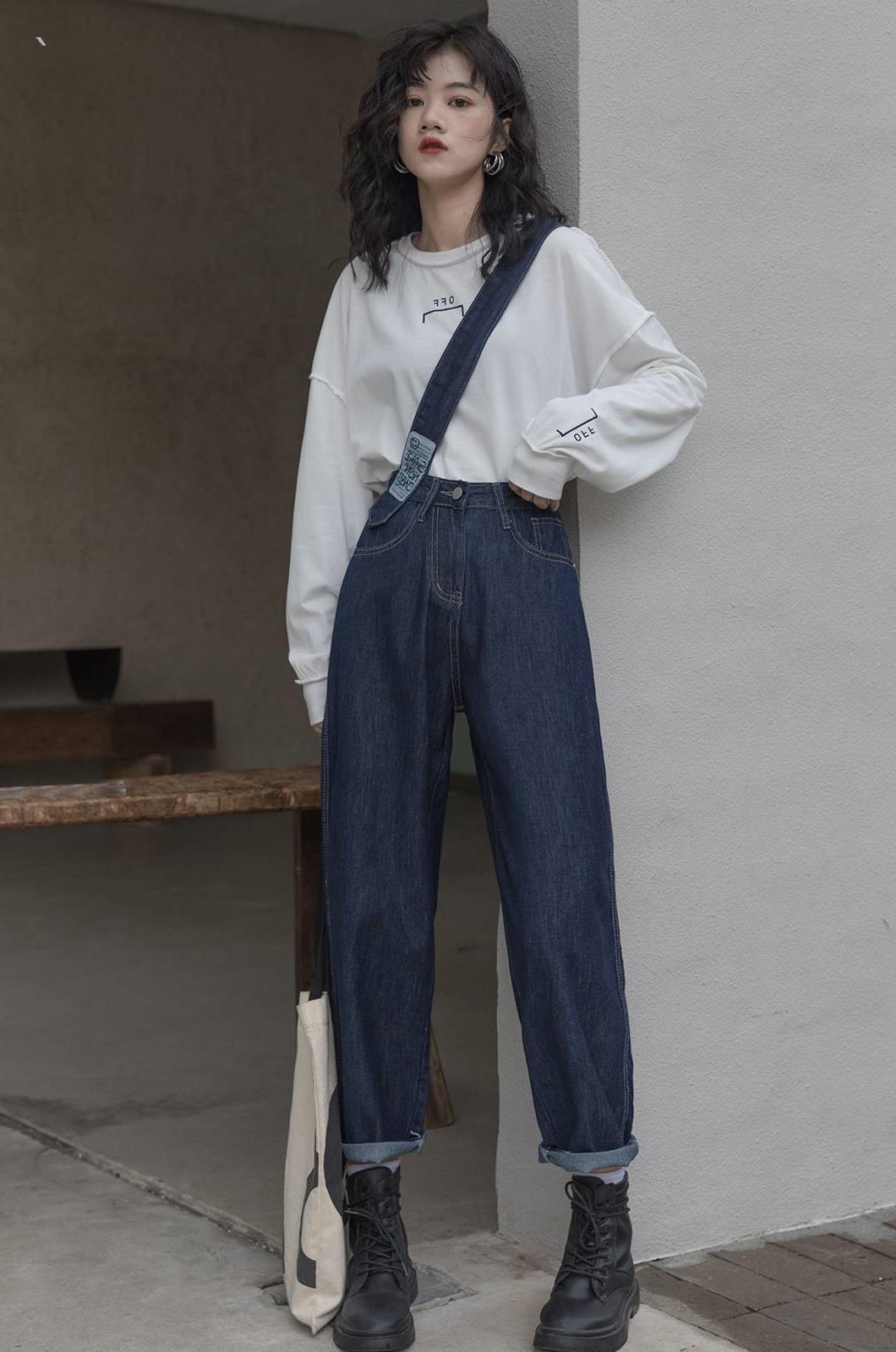 蓝色单肩牛仔背带裤女春秋设计感减龄休闲裤宽松高腰垂感直筒裤