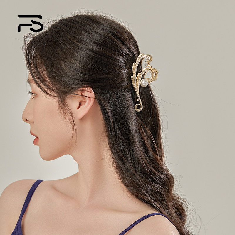 后脑勺抓夹韩国优雅气质海浪鲨鱼夹中号网红盘发洗澡金属珍珠法式