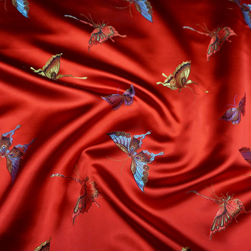 中国柔软织锦缎面料旗袍宽幅大红五彩老花蝴汉海绵垫