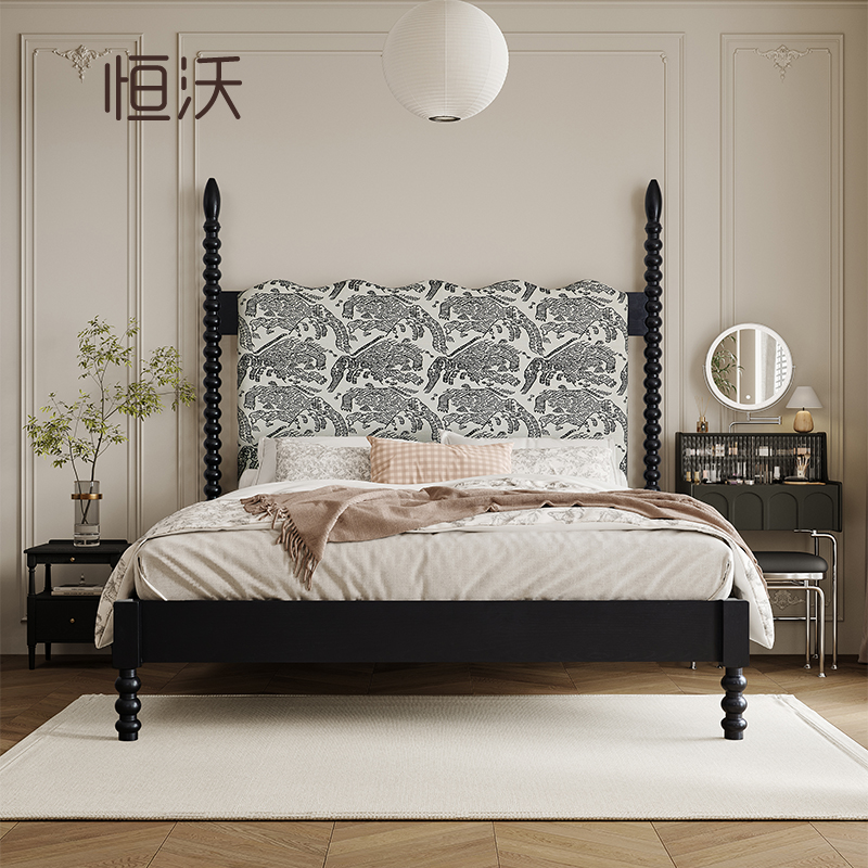 恒沃 美式实木床设计师款布艺软包一米八双人床主卧室法式复古床