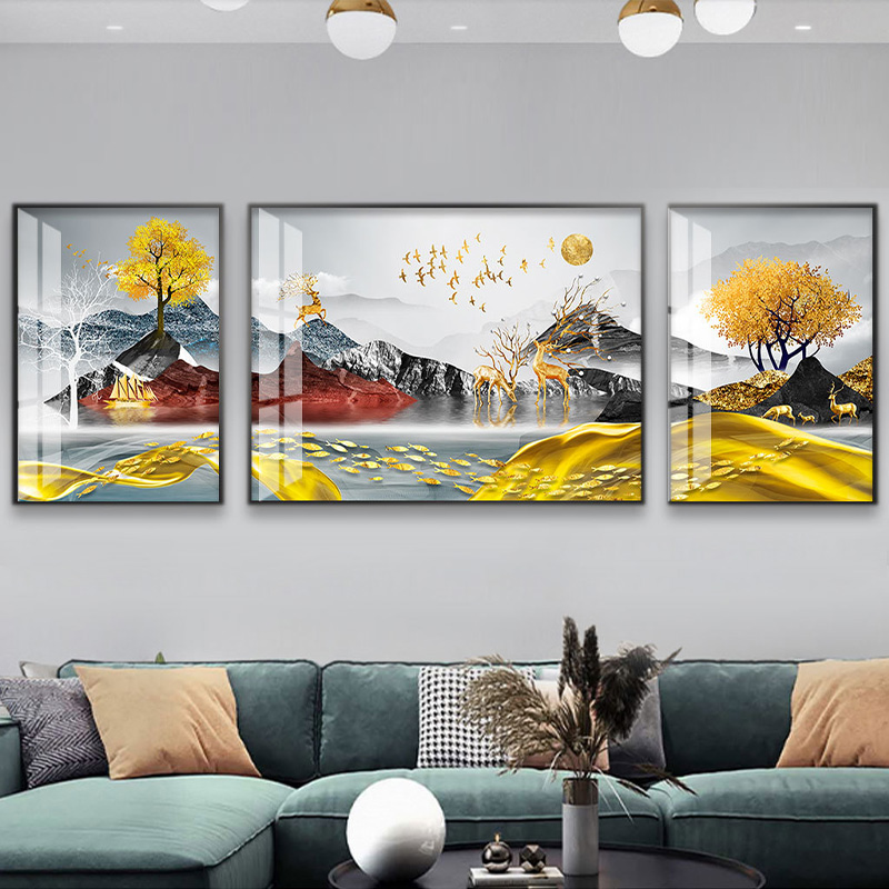 北欧简约客厅装饰画三联画沙发背景墙轻奢大气晶瓷画现代山水挂画