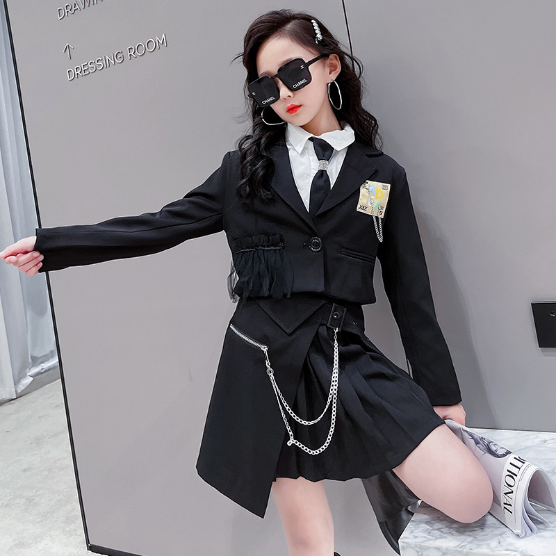 女童爵士舞黑色jk制服套装少儿hiphop演出走秀帅气嘻哈表演服装潮