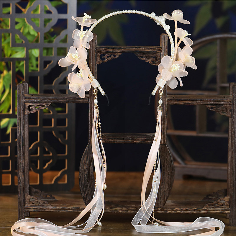 汉服头饰一体仙气少女中国风古风流苏发饰品懒人花环古装飘带发箍