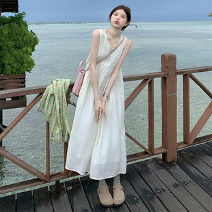 法式白色背心吊带连衣裙超仙女春夏泰国云南三亚海边度假沙滩长裙