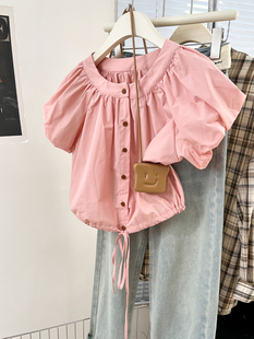 粉色短袖衬衫女2024新款夏季设计感泡泡袖时尚减龄小个子气质上衣