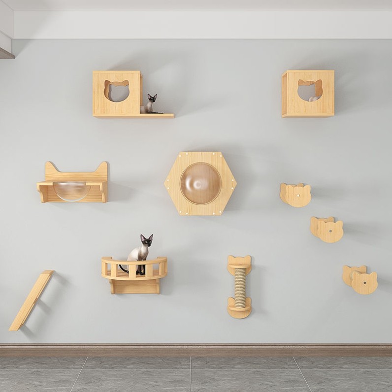 猫爬架墙壁式豪华实木猫墙壁挂式猫窝跳台跳板爬梯剑麻猫抓柱.