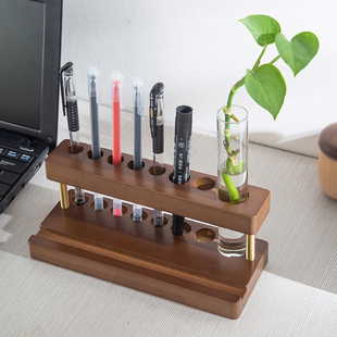 创意实木笔架笔插花器手机支架轻奢高级书房办公室桌面多功能笔筒