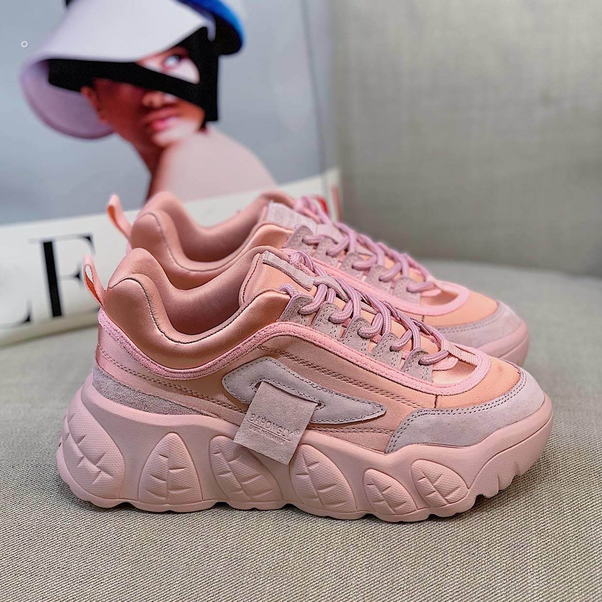 韩国潮牌秋季新款网红绸缎老爹鞋ins潮女百搭休闲厚底粉色运动鞋