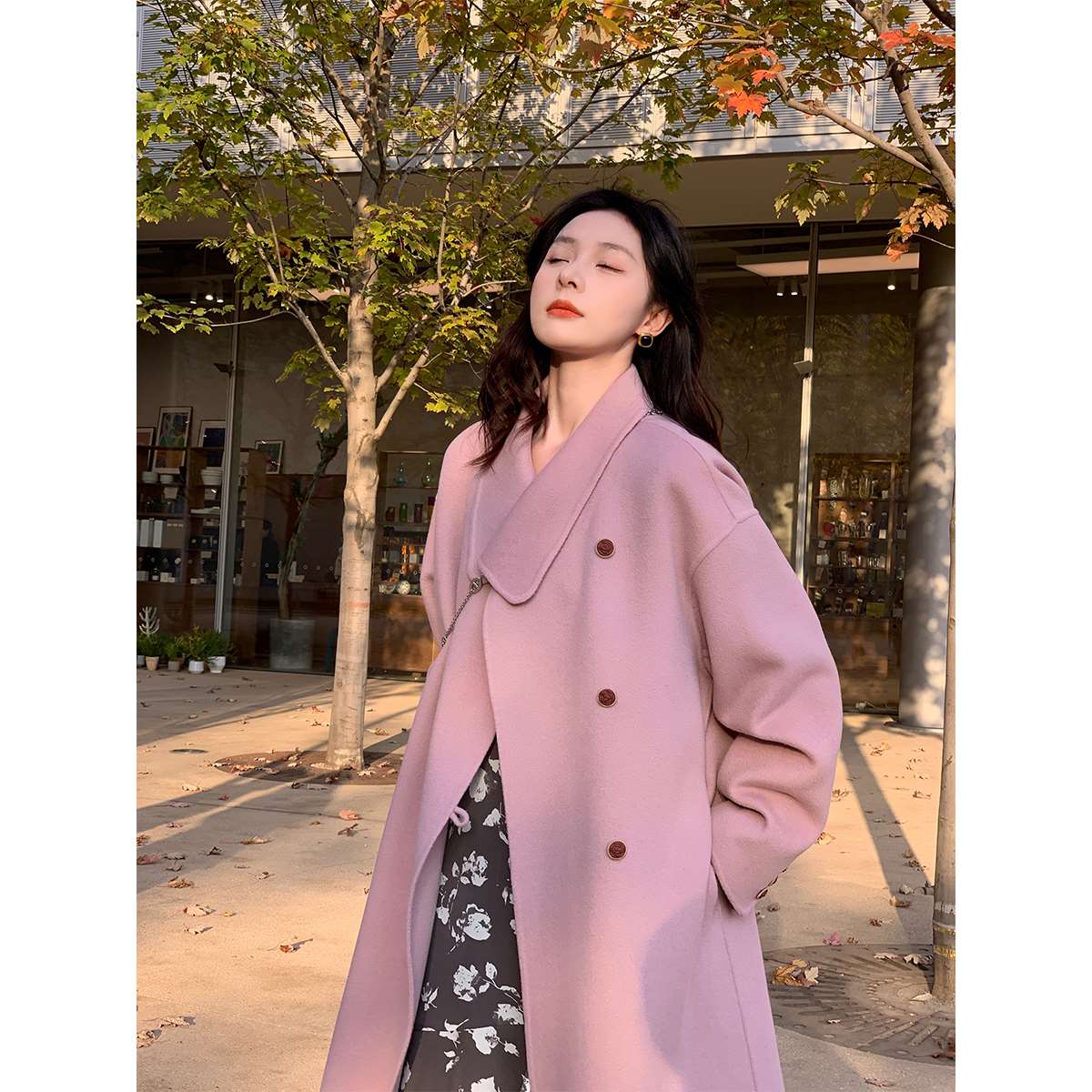鹭青一玫瑰庄园粉色双面呢大衣女冬季羊毛私服毛呢外套