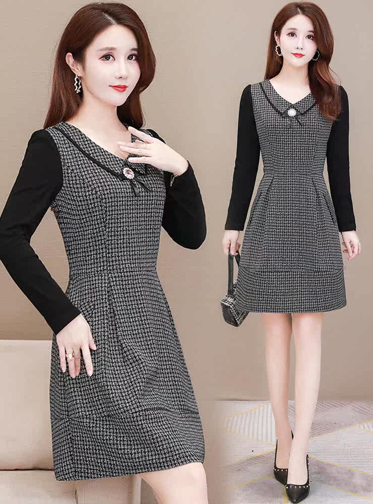 千鸟格打底连衣裙高端大牌名媛秋冬装2020年新款女小个子气质高贵