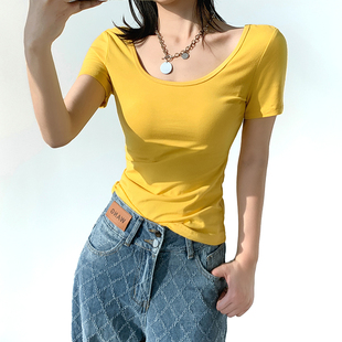 双U领短袖t恤女修身露背低领口姜黄色2024年夏季新款棉显瘦上衣