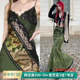 IAEY 美式vintage森系绿色印花蕾丝拼接吊带裙V领上衣+古着感长裙
