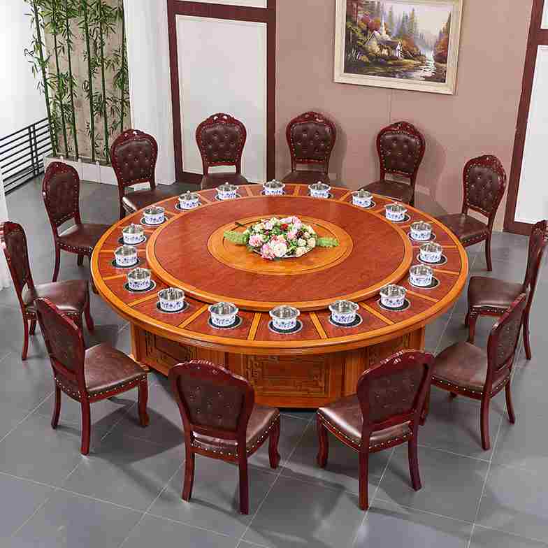 新火锅桌子电磁炉一体一人一锅中式实木商家用大圆桌酒店餐厅餐桌