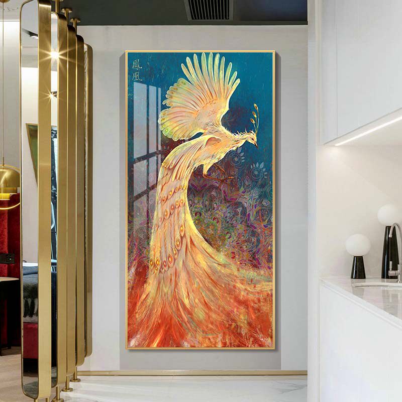 凤凰孔雀玄关装饰画现代简约客厅竖版挂画走廊过道尽头轻奢晶瓷画