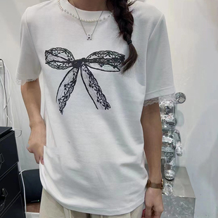黑色蝴蝶结印花短袖圆领T恤女2024年夏季韩版新款洋气宽松上衣ins
