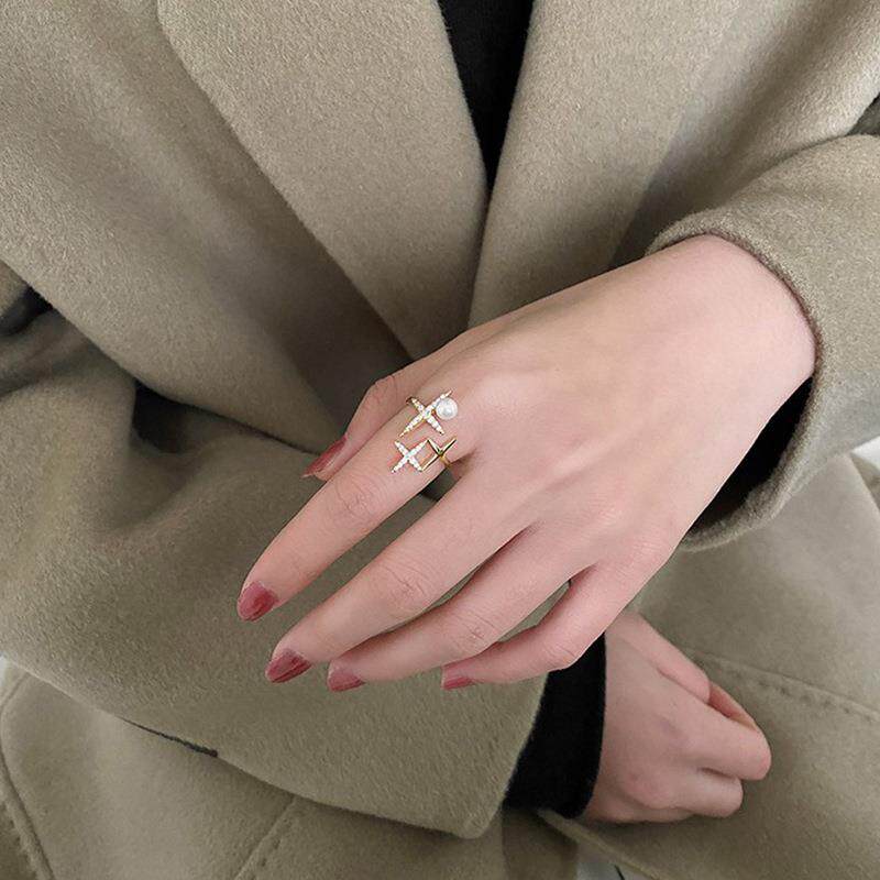 小众设计ins风简约精致星芒戒指14k注金淡水珍珠指环开口可调节