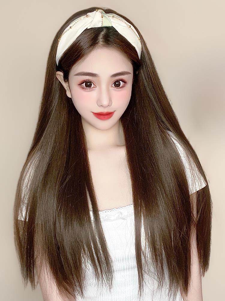 假发帽子一体网红时尚可拆卸发箍假发女长发仿真百搭长直发全头套
