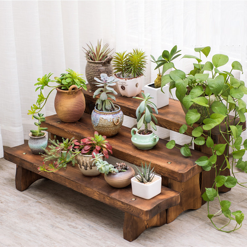 阶梯花架窗台花园头花室外盆栽条板美式网格花盆架家用花架子实木