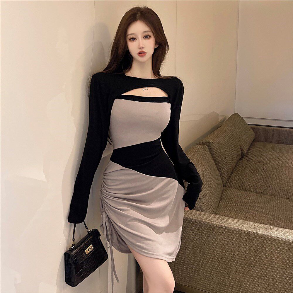 夜店工作服公主服长袖辣妹拼接修身抽绳吊带裙夜总店连衣裙两件套