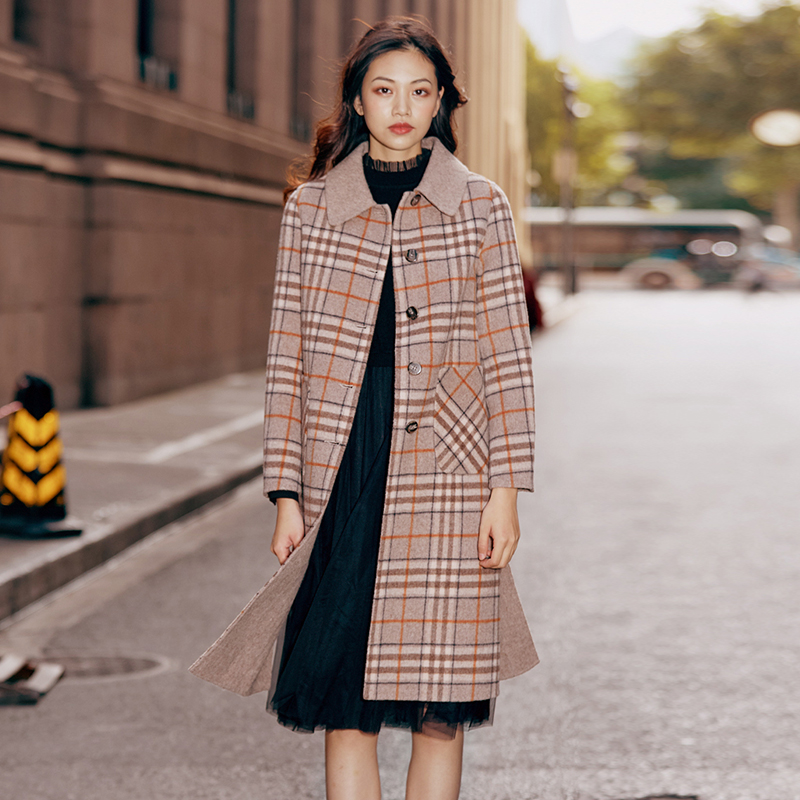 杨门2020冬季新款高端双面羊绒大衣女士中长款流行格子毛呢外套