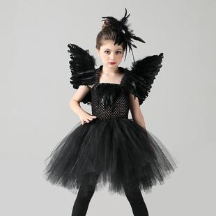 欧美万圣节黑色天鹅连衣裙女童舞蹈表演蓬蓬裙小恶魔角色扮演服装