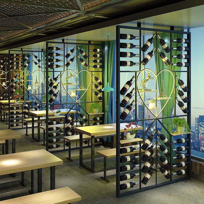 酒吧餐厅墙上隔断酒架装饰工业风进门铁艺卡座屏风红酒架酒柜展架