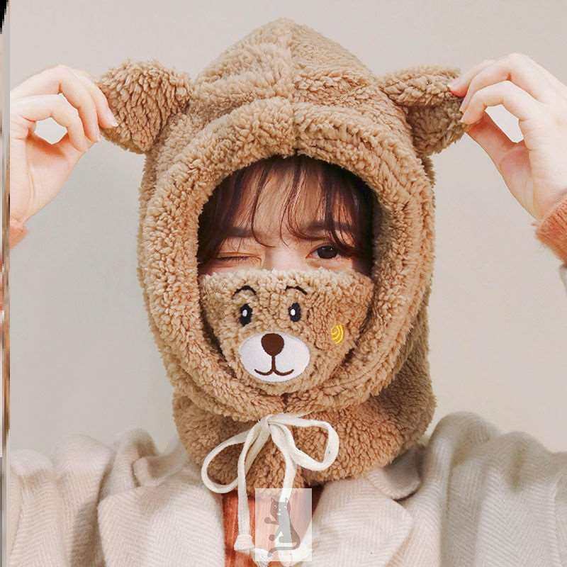 自带口罩的小熊帽子多功能时尚超萌秋冬头套卡通儿童骑车加厚
