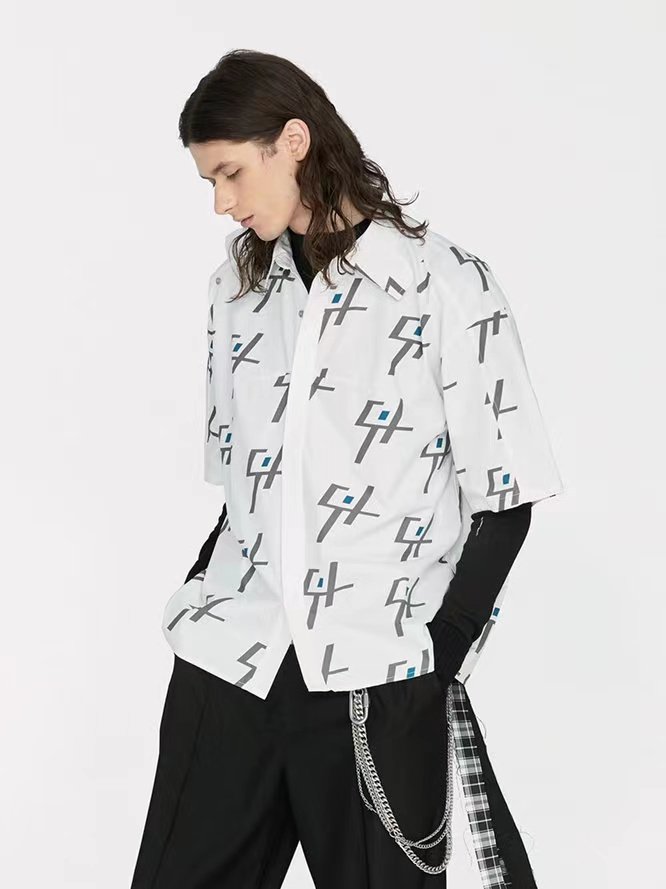 买手店机能风潮牌c2h4白色满印logo廓形短袖衬衫外套夏季新品上市