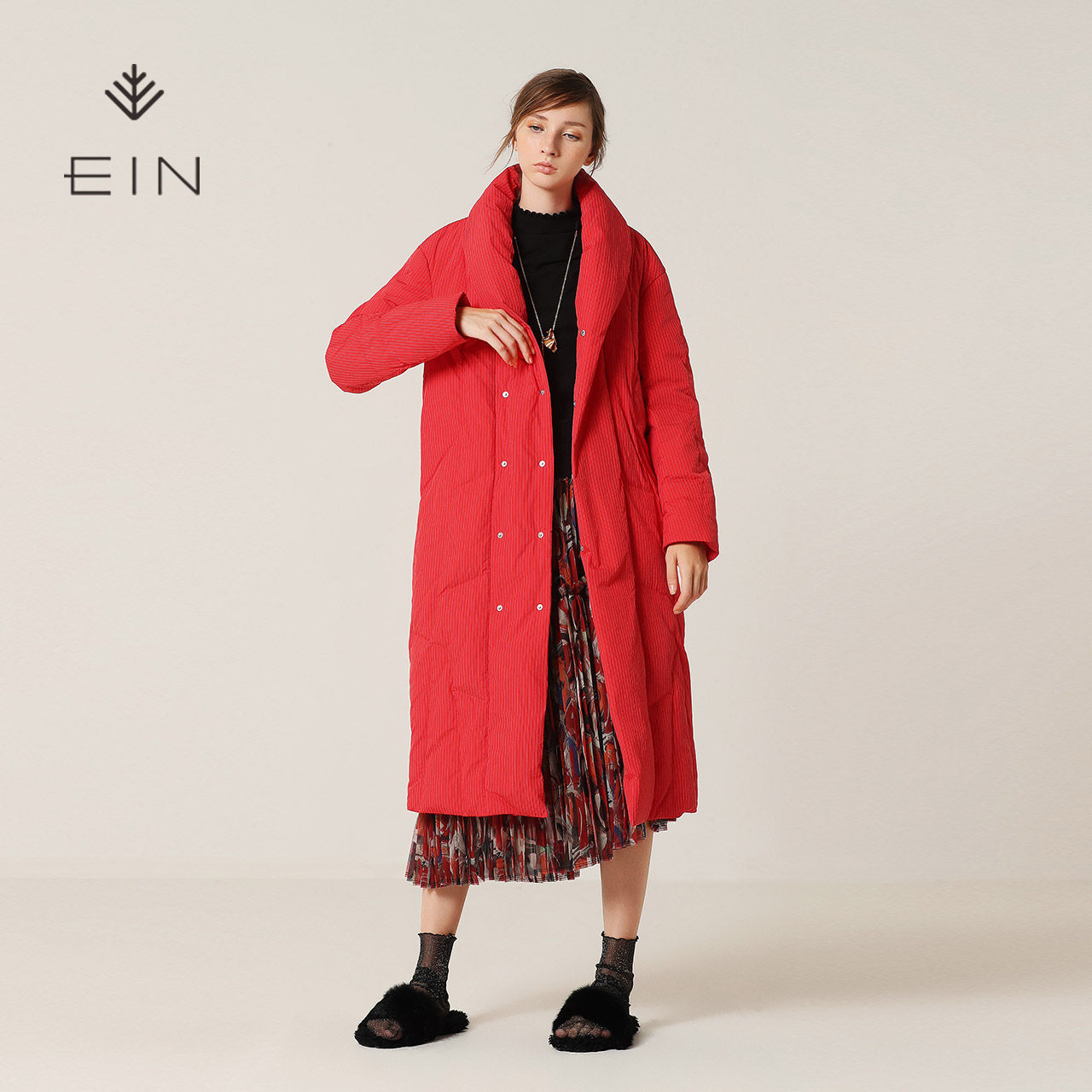 ein言长款白鹅绒羽绒服条纹时尚2019冬季新款女装过膝面包服外套