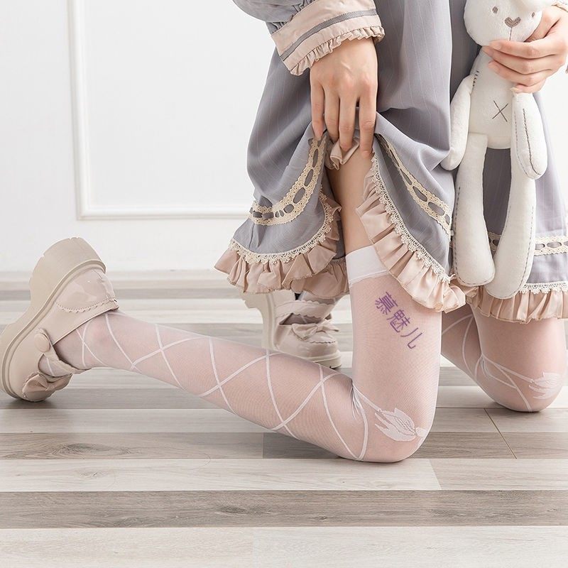 lolita白色长筒丝袜蕾丝过膝女可爱洛丽塔蝴蝶结萝莉软妹大腿袜子