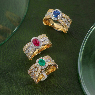 vintage意大利织纹雕金蕾丝花边双色金镶钻祖母绿彩宝戒指食指戒