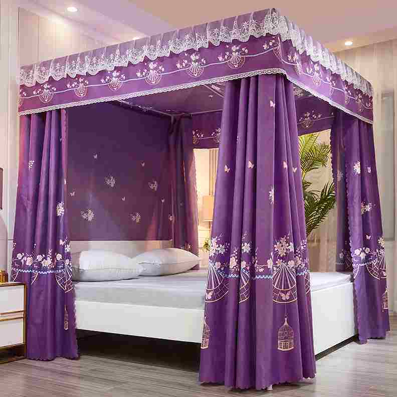 遮光床帘家用卧室15m床幔支架蚊帐一体式落地防尘公主全封闭布帘