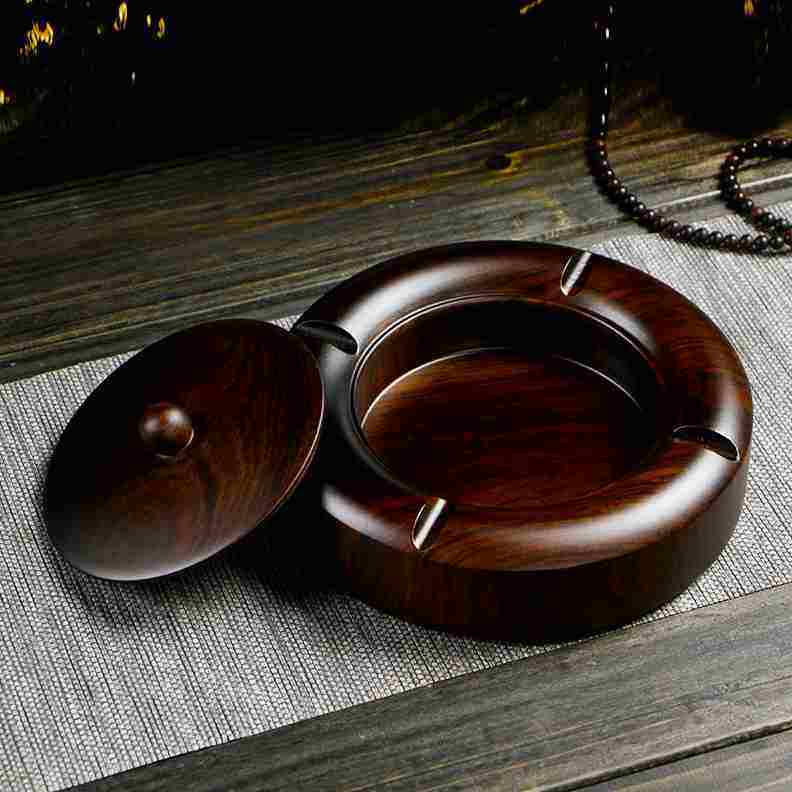 高档圣雅道黑檀实木烟灰缸木大号带盖中式简约现代个性家用摆件烟