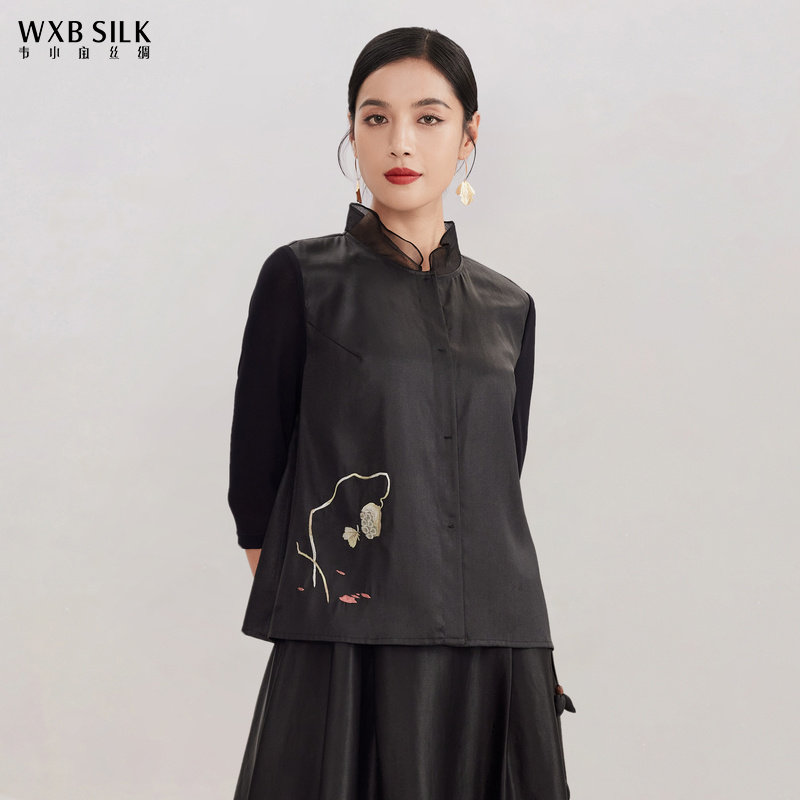 韦小宝黑色香云纱真丝女装上衣时尚气质重磅妈妈外套2131114008—真丝