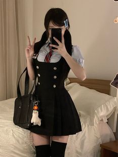 学院风jk制服高腰显瘦收腰辣妹衬衫黑色背带连衣裙甜辣套装女夏季