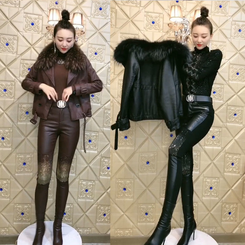 欧货网红爆款时尚皮衣套装加绒加厚外套ab版烫钻裤子两件套搭配潮