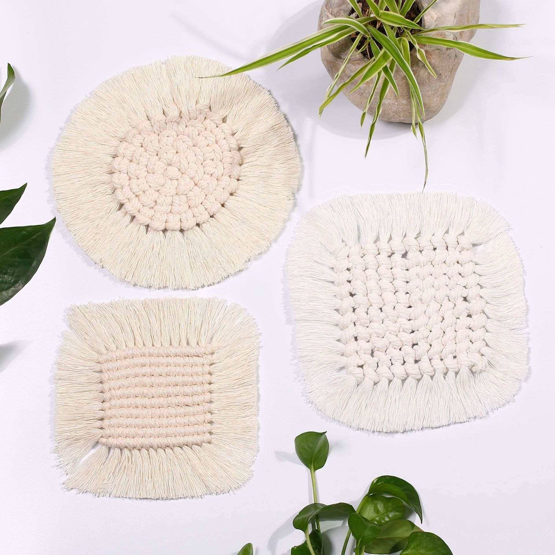 跨境新款北欧风手工棉线编织杯垫ins波西米亚餐垫隔热垫家居摆件