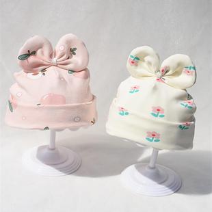 新生儿宝宝公主帽子纯棉双层秋冬季 0-3-6个月儿童蝴蝶结棉布胎帽