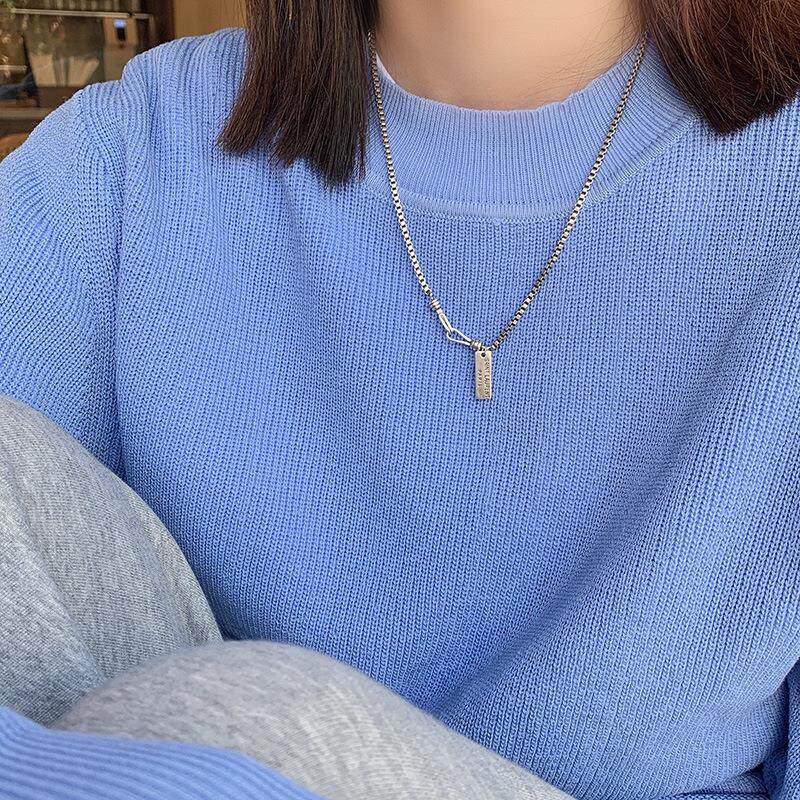 925纯银泰银复古字母方牌项链女ins韩国东大门时尚毛衣链小众轻奢