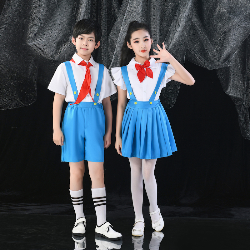 六中国小学生演出服一I背带裤朗领诵说红合唱表演服诗少年儿童歌