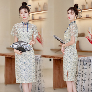 中国风蕾丝修身显瘦连衣裙女2024年夏季新款优雅改良版中式旗袍裙