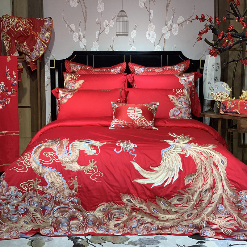 中式婚庆大红色100S长绒棉四件套龙凤刺绣纯棉结婚床盖款床上用品