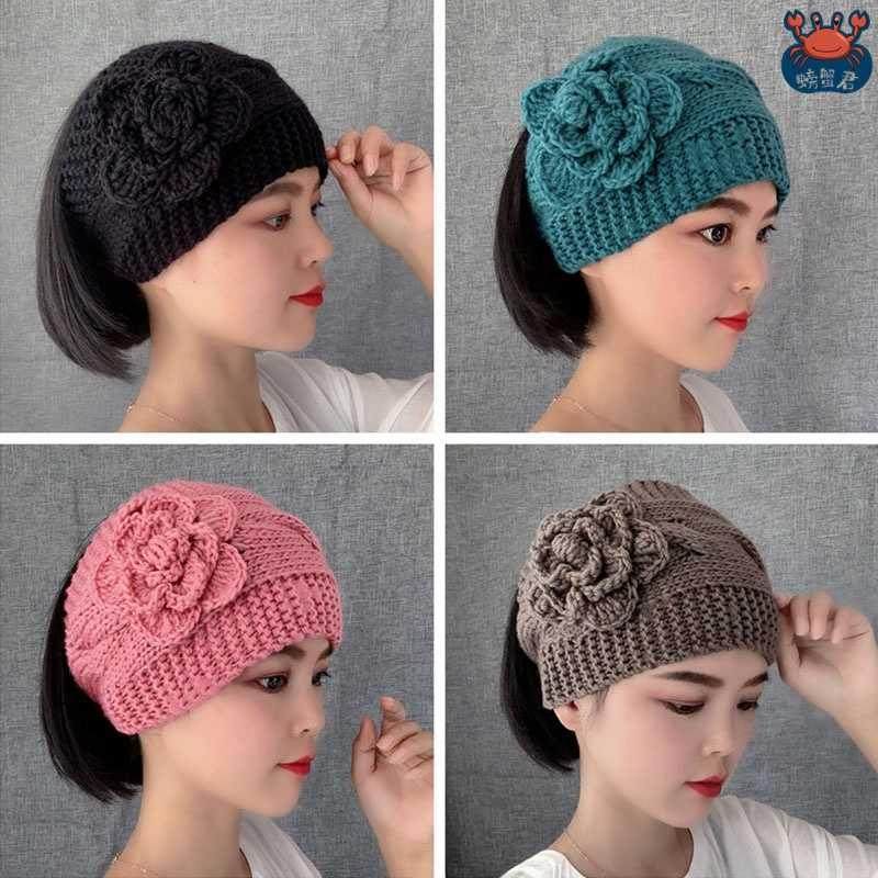 扎高辫子戴的帽子漏顶帽子女冬针织空顶帽冬季露马尾毛线无顶运动