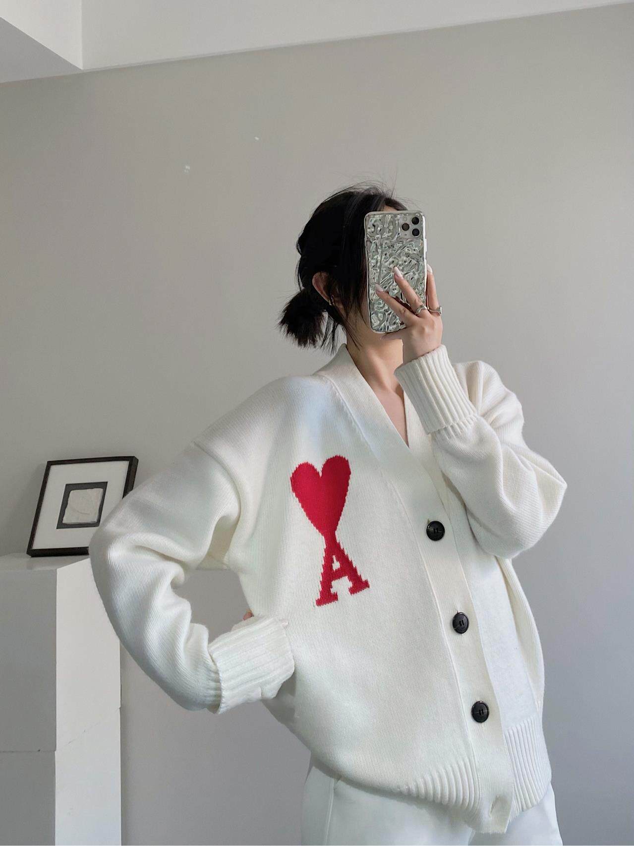 ami春秋爱心字母a毛衣开衫秋季新品羊毛针织衫单排领男女情侣同款