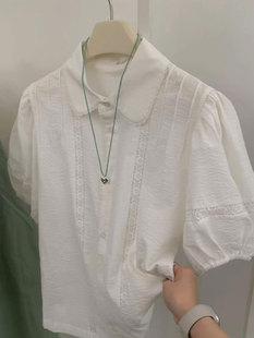 今年流行爆款设计感白色蕾丝镂空衬衫小个子娃娃领短款泡泡袖上衣