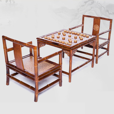 三件套中国象棋桌椅茗竹明清仿古做旧茶桌休闲原竹家具厂家直销棋桌