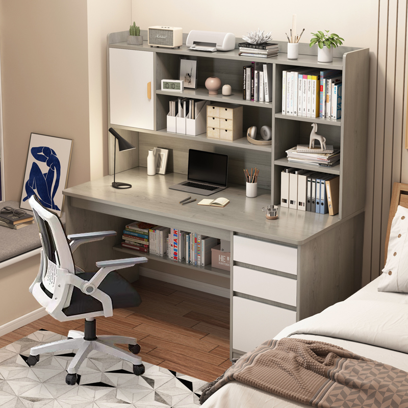 书桌书架一体家用台式电脑桌卧室简易写字学生学习桌书柜组合桌子